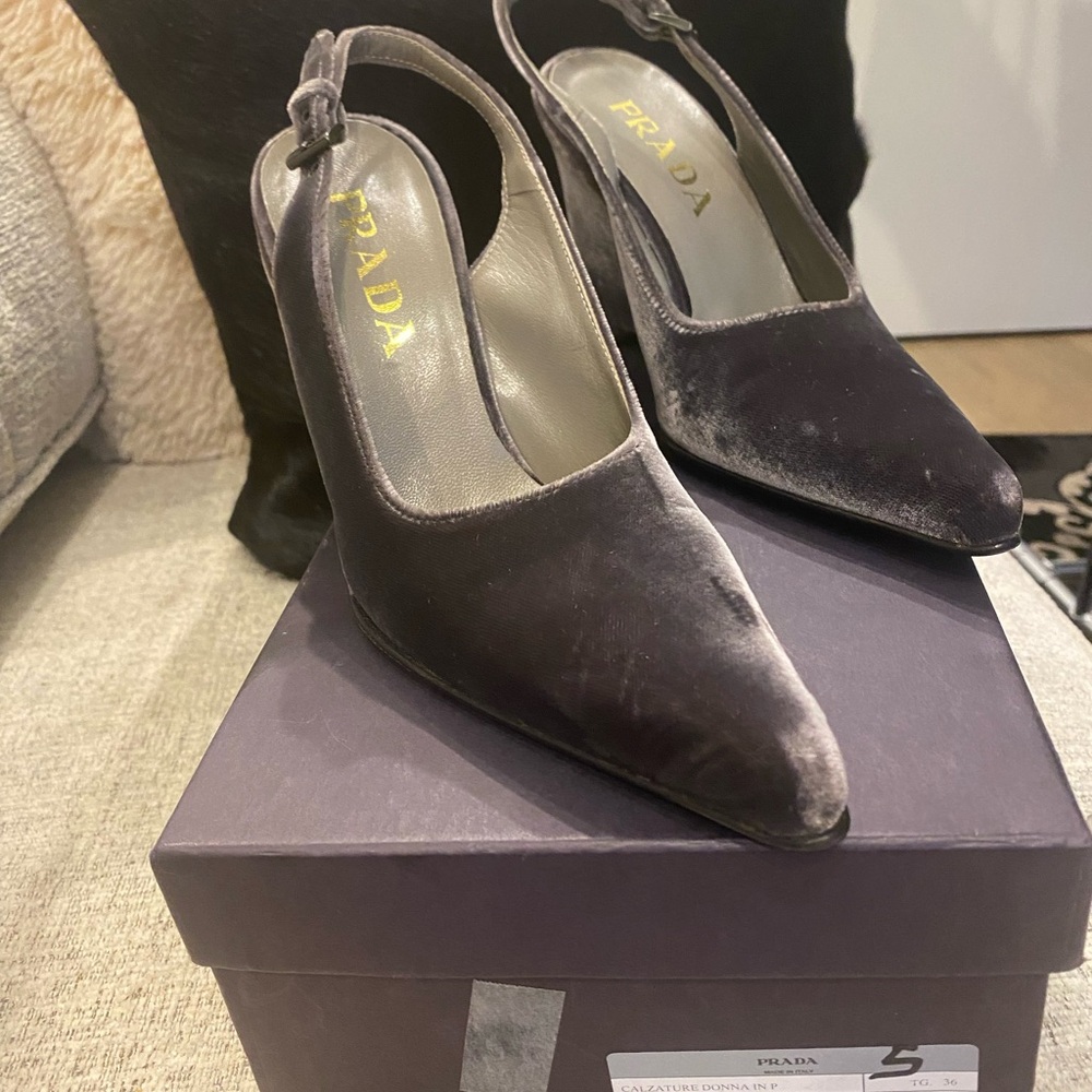 Prada Vintage Velvet Wedge Slingbacks in Graphite Grey - Picture 12 of 13